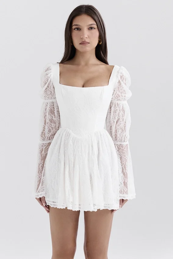 Sancia White Lace Puff Sleeve Mini Dress Sancia White Lace Puff Sleeve Mini Dress