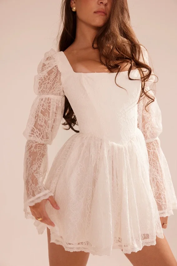 Sancia White Lace Puff Sleeve Mini Dress Sancia White Lace Puff Sleeve Mini Dress