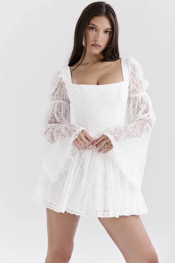 Sancia White Lace Puff Sleeve Mini Dress Sancia White Lace Puff Sleeve Mini Dress