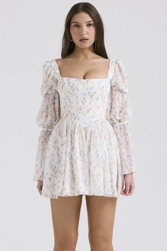 Sancia White Posy Print Puff Sleeve Mini Dress Sancia White Posy Print Puff Sleeve Mini Dress