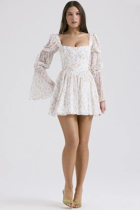 Sancia White Posy Print Puff Sleeve Mini Dress Sancia White Posy Print Puff Sleeve Mini Dress