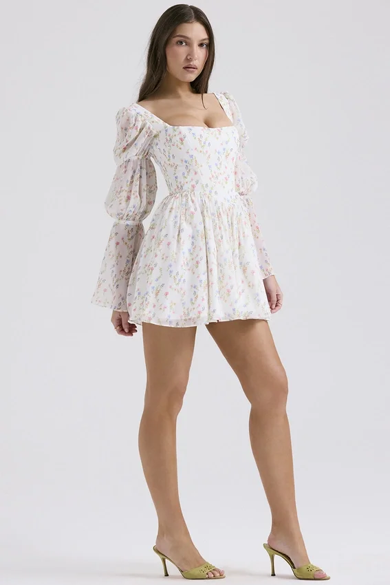 Sancia White Posy Print Puff Sleeve Mini Dress Sancia White Posy Print Puff Sleeve Mini Dress