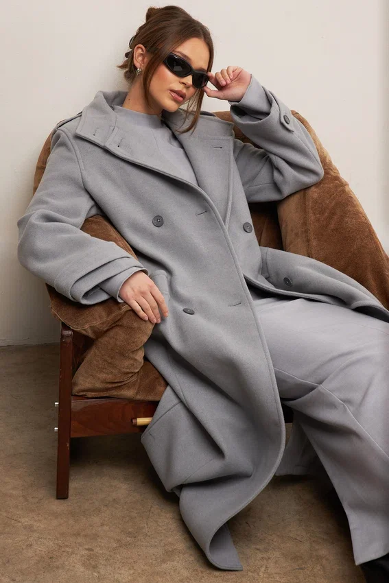 Sander Grey Double Breasted Funnel Neck Coat Sander Grey Double Breasted Funnel Neck Coat