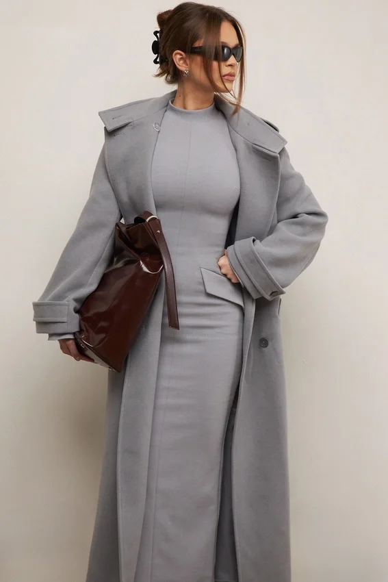 Sander Grey Double Breasted Funnel Neck Coat Sander Grey Double Breasted Funnel Neck Coat