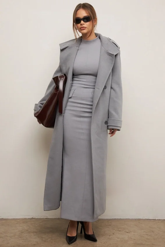 Sander Grey Double Breasted Funnel Neck Coat Sander Grey Double Breasted Funnel Neck Coat