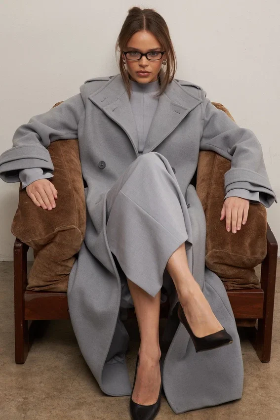 Sander Grey Double Breasted Funnel Neck Coat Sander Grey Double Breasted Funnel Neck Coat