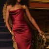 Santana Berry Satin Strapless Midi Dress Santana Berry Satin Strapless Midi Dress