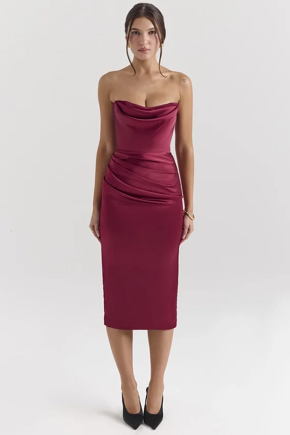 Santana Berry Satin Strapless Midi Dress Santana Berry Satin Strapless Midi Dress