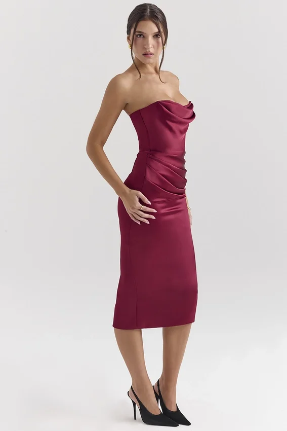 Santana Berry Satin Strapless Midi Dress Santana Berry Satin Strapless Midi Dress