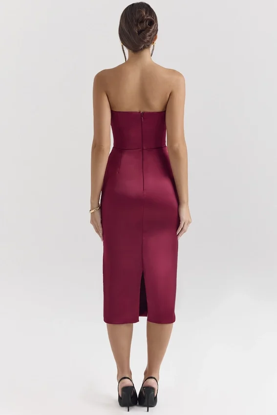 Santana Berry Satin Strapless Midi Dress Santana Berry Satin Strapless Midi Dress