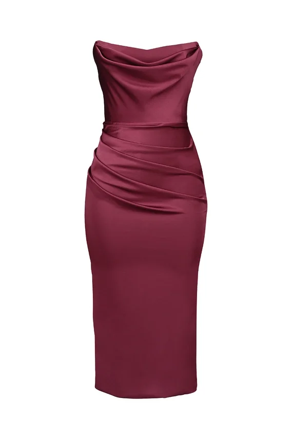Santana Berry Satin Strapless Midi Dress Santana Berry Satin Strapless Midi Dress