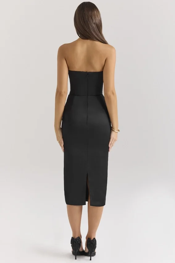 Santana Black Satin Strapless Midi Dress Santana Black Satin Strapless Midi Dress