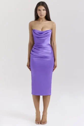 Santana Violet Satin Strapless Corset Midi Dress