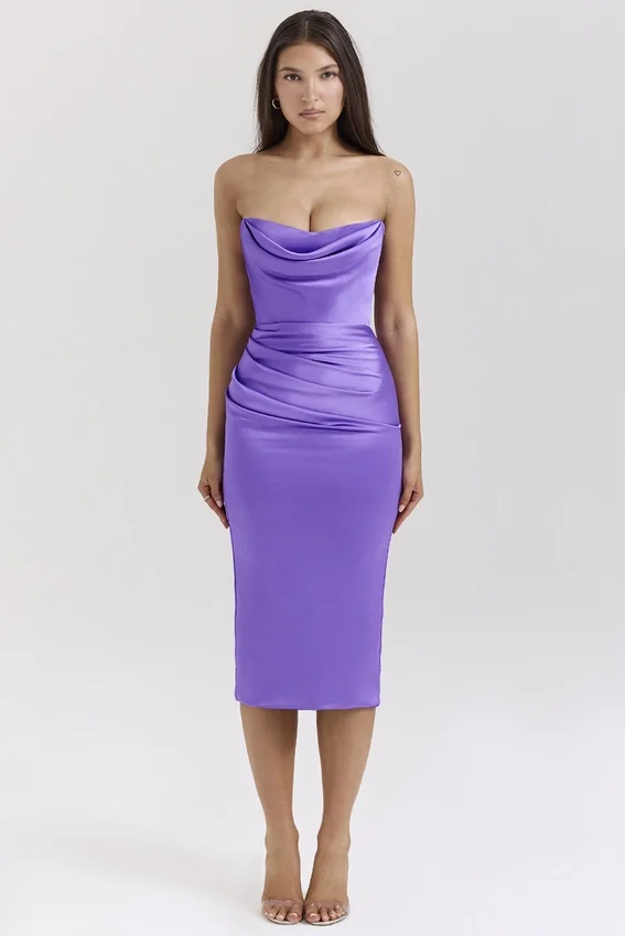 Santana Violet Satin Strapless Corset Midi Dress Santana Violet Satin Strapless Corset Midi Dress