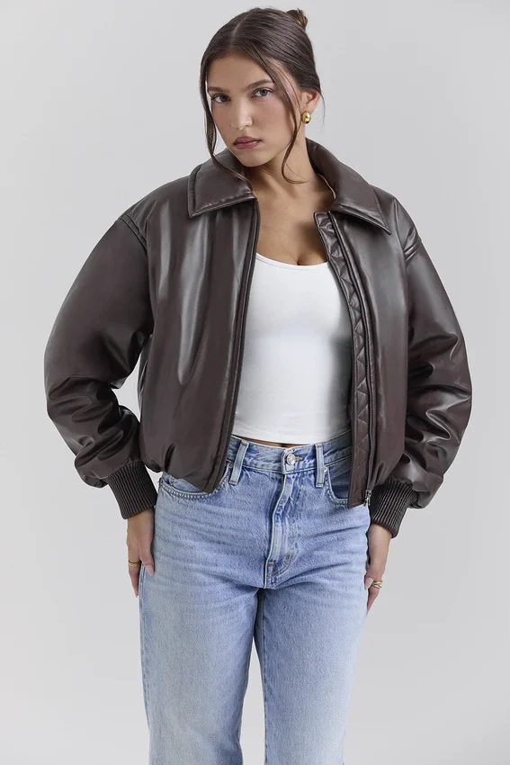 Sante Dark Brown Vegan Leather Bomber Jacket Sante Dark Brown Vegan Leather Bomber Jacket