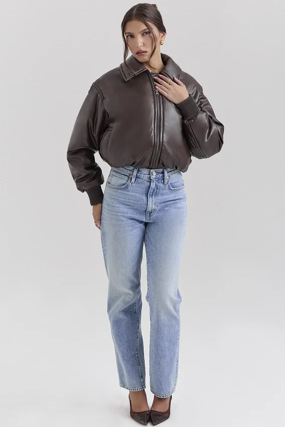 Sante Dark Brown Vegan Leather Bomber Jacket Sante Dark Brown Vegan Leather Bomber Jacket