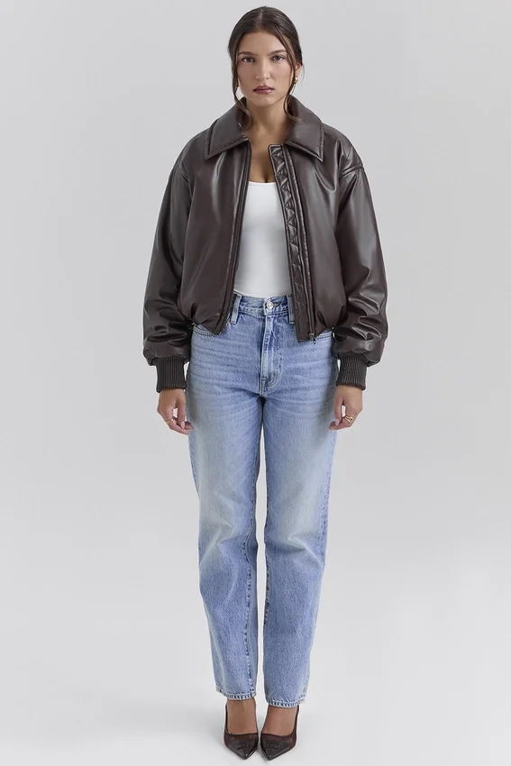 Sante Dark Brown Vegan Leather Bomber Jacket Sante Dark Brown Vegan Leather Bomber Jacket