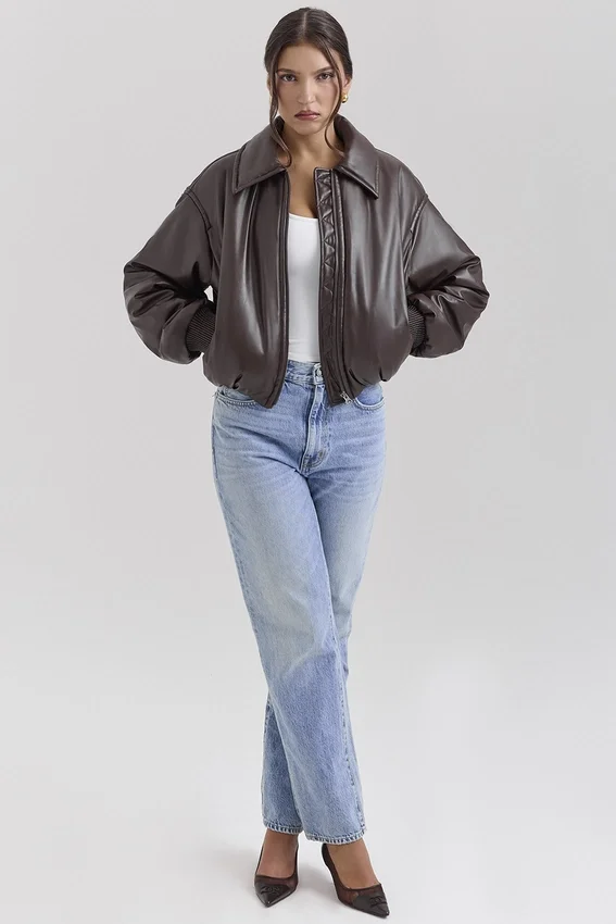 Sante Dark Brown Vegan Leather Bomber Jacket Sante Dark Brown Vegan Leather Bomber Jacket