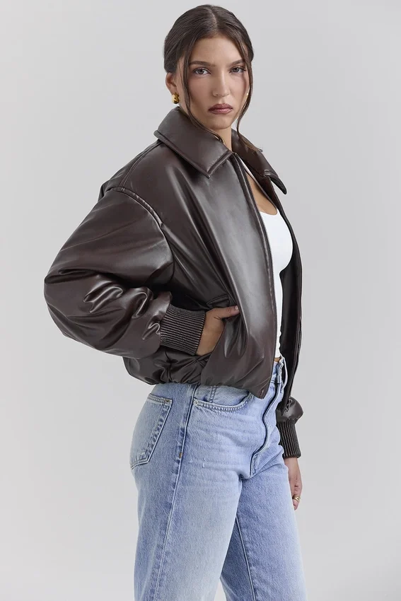 Sante Dark Brown Vegan Leather Bomber Jacket Sante Dark Brown Vegan Leather Bomber Jacket