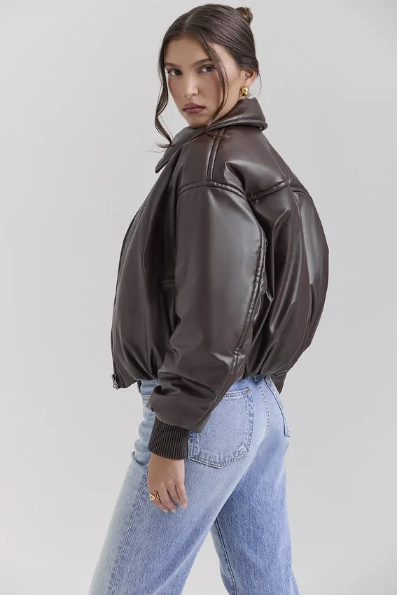 Sante Dark Brown Vegan Leather Bomber Jacket Sante Dark Brown Vegan Leather Bomber Jacket
