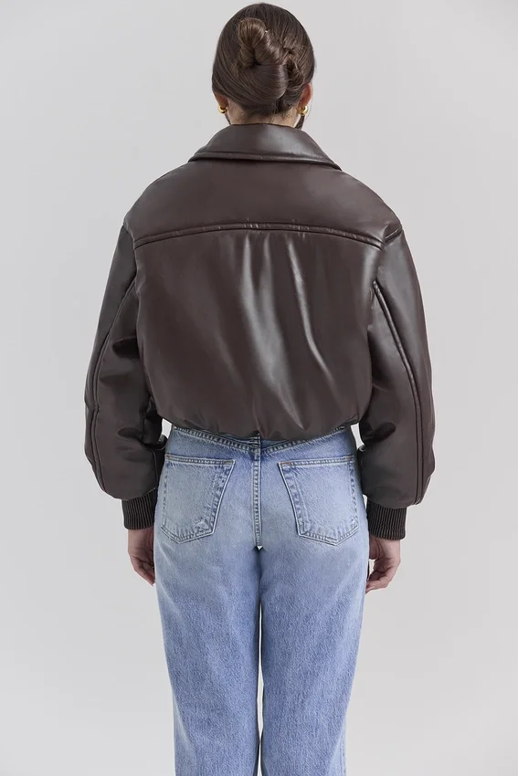 Sante Dark Brown Vegan Leather Bomber Jacket Sante Dark Brown Vegan Leather Bomber Jacket