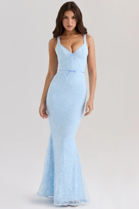 Sarai Blue Lace Godet Maxi Dress Sarai Blue Lace Godet Maxi Dress