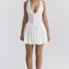 Sarita White Cotton Broderie Anglais Plunge Mini Dress Sarita White Cotton Broderie Anglais Plunge Mini Dress