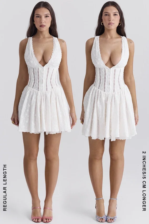 Sarita White Cotton Broderie Anglais Plunge Mini Dress Sarita White Cotton Broderie Anglais Plunge Mini Dress