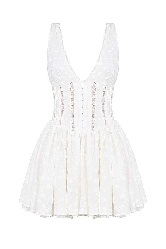 Sarita White Cotton Broderie Anglais Plunge Mini Dress Sarita White Cotton Broderie Anglais Plunge Mini Dress