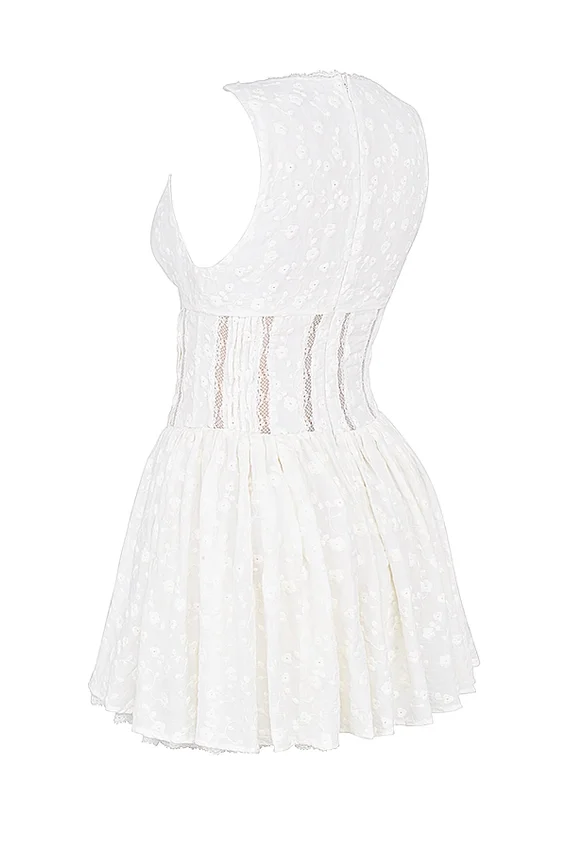 Sarita White Cotton Broderie Anglais Plunge Mini Dress Sarita White Cotton Broderie Anglais Plunge Mini Dress