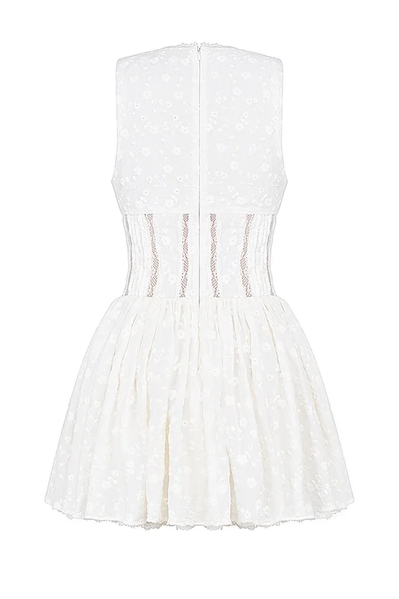 Sarita White Cotton Broderie Anglais Plunge Mini Dress Sarita White Cotton Broderie Anglais Plunge Mini Dress
