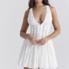 Sarita White Cotton Broderie Anglais Plunge Mini Dress Sarita White Cotton Broderie Anglais Plunge Mini Dress