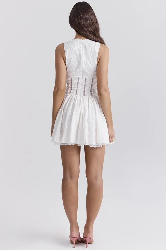 Sarita White Cotton Broderie Anglais Plunge Mini Dress Sarita White Cotton Broderie Anglais Plunge Mini Dress