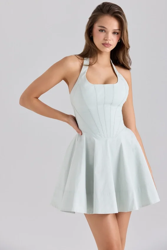 Sasha Pistachio Stretch Cotton Halter Neck Mini Dress Sasha Pistachio Stretch Cotton Halter Neck Mini Dress
