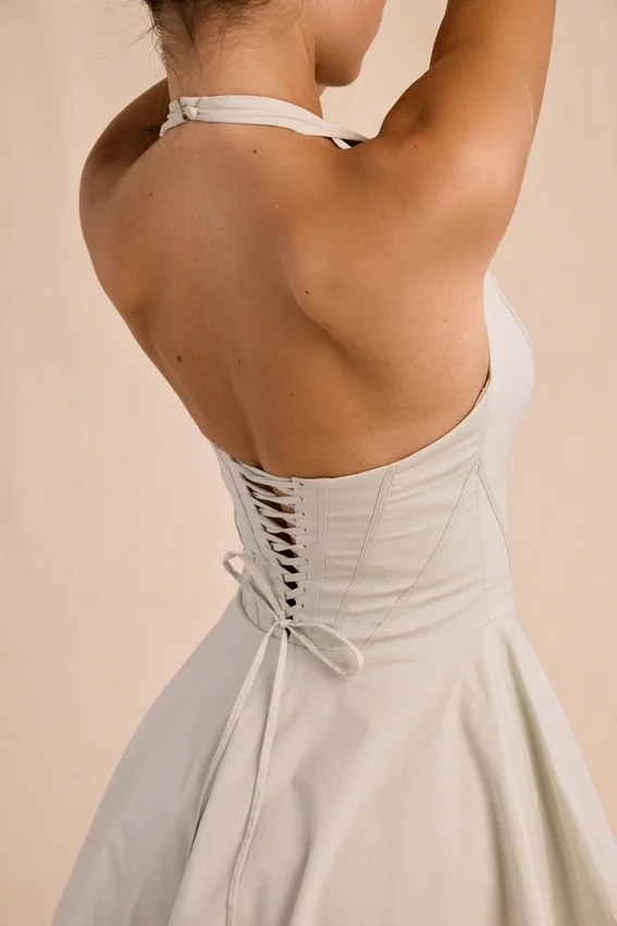 Sasha Pistachio Stretch Cotton Halter Neck Mini Dress Sasha Pistachio Stretch Cotton Halter Neck Mini Dress