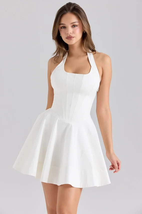 Sasha White Stretch Cotton Halter Neck Mini Dress Sasha White Stretch Cotton Halter Neck Mini Dress
