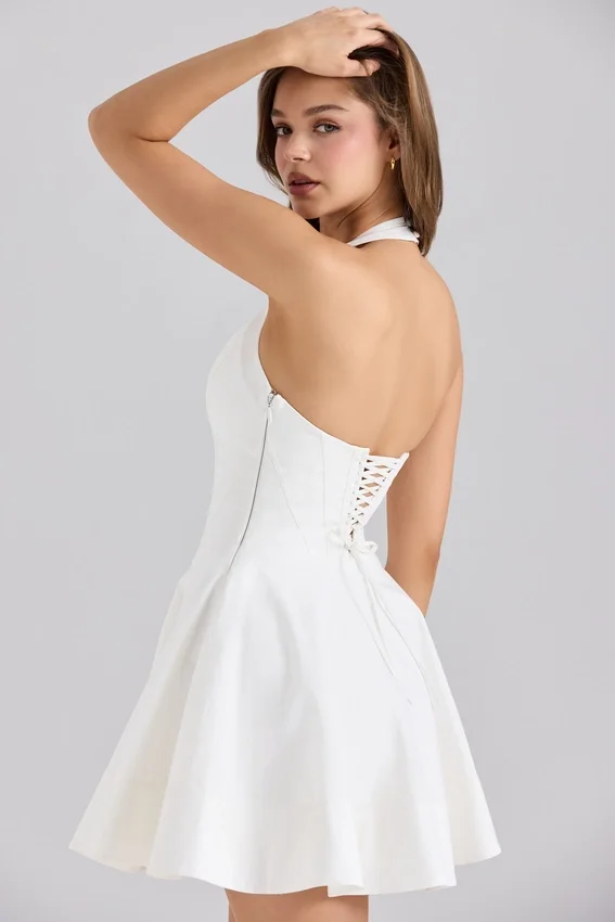 Sasha White Stretch Cotton Halter Neck Mini Dress Sasha White Stretch Cotton Halter Neck Mini Dress
