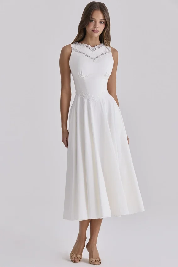 Scarlett White Cotton Lace Trim Waist Cinch Midi Dress Scarlett White Cotton Lace Trim Waist Cinch Midi Dress