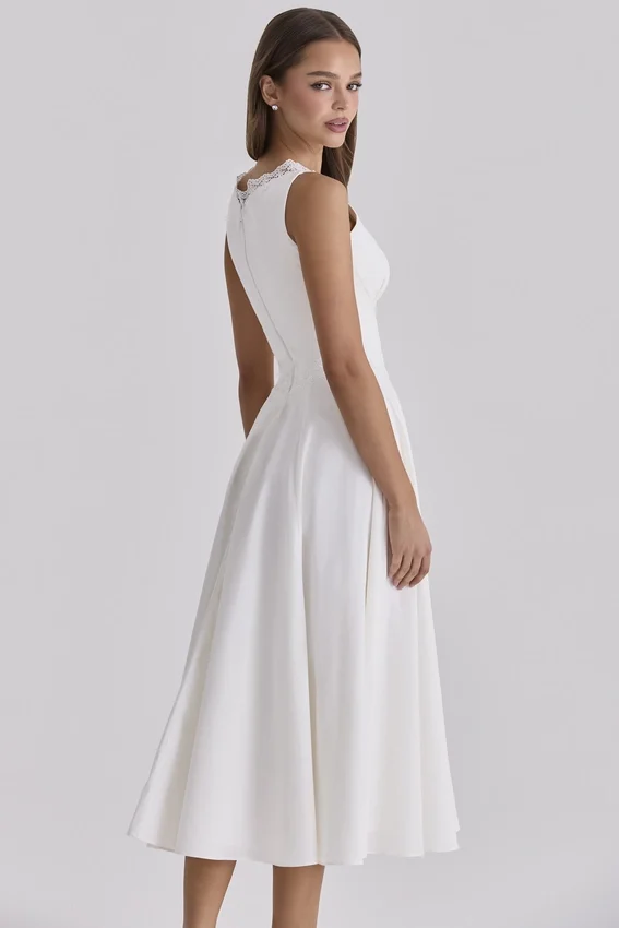 Scarlett White Cotton Lace Trim Waist Cinch Midi Dress Scarlett White Cotton Lace Trim Waist Cinch Midi Dress