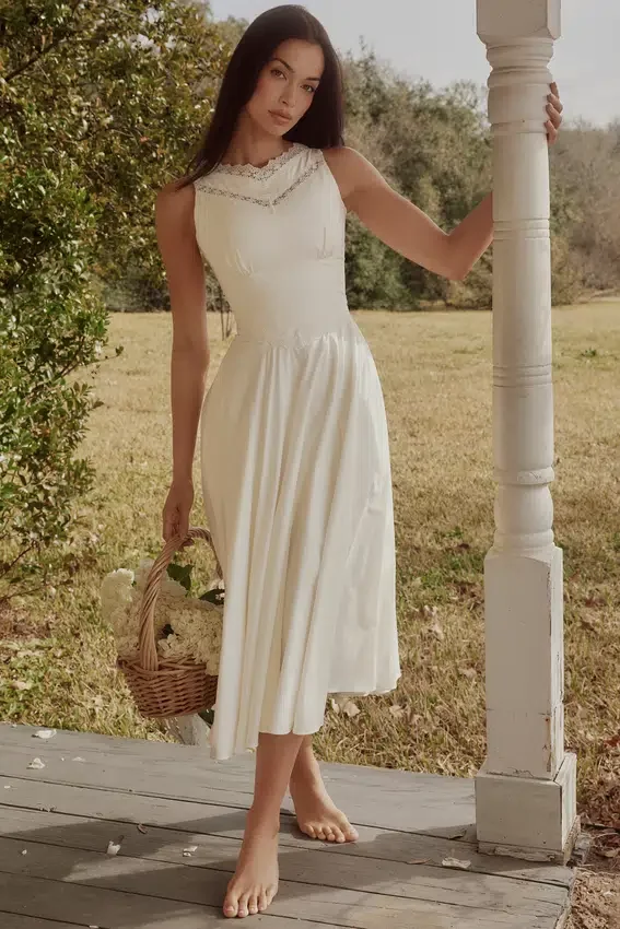 Scarlett White Cotton Lace Trim Waist Cinch Midi Dress Scarlett White Cotton Lace Trim Waist Cinch Midi Dress