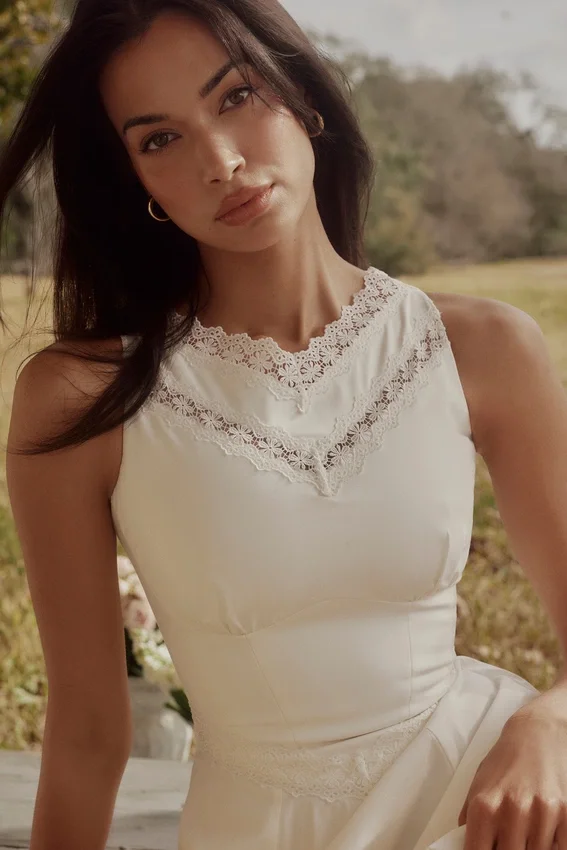 Scarlett White Cotton Lace Trim Waist Cinch Midi Dress Scarlett White Cotton Lace Trim Waist Cinch Midi Dress