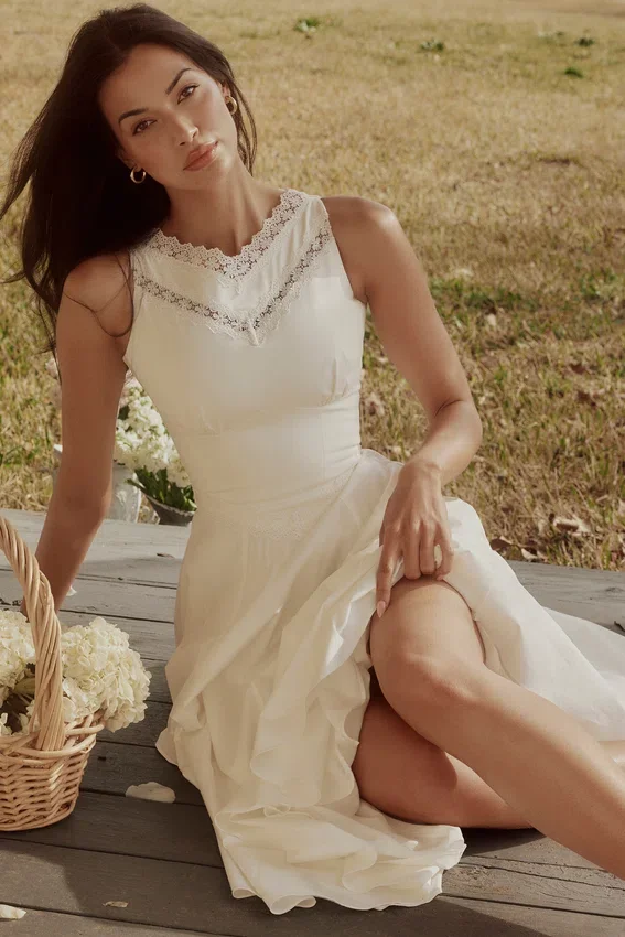 Scarlett White Cotton Lace Trim Waist Cinch Midi Dress Scarlett White Cotton Lace Trim Waist Cinch Midi Dress