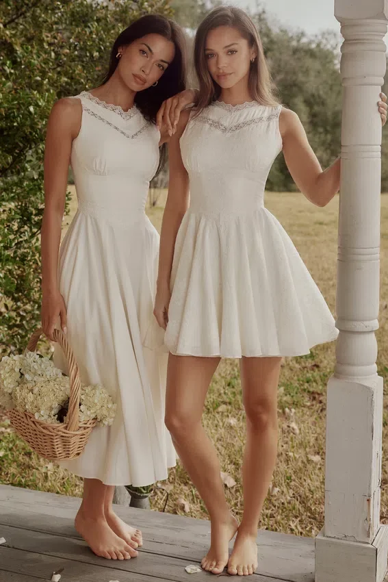 Scarlett White Cotton Lace Trim Waist Cinch Midi Dress Scarlett White Cotton Lace Trim Waist Cinch Midi Dress