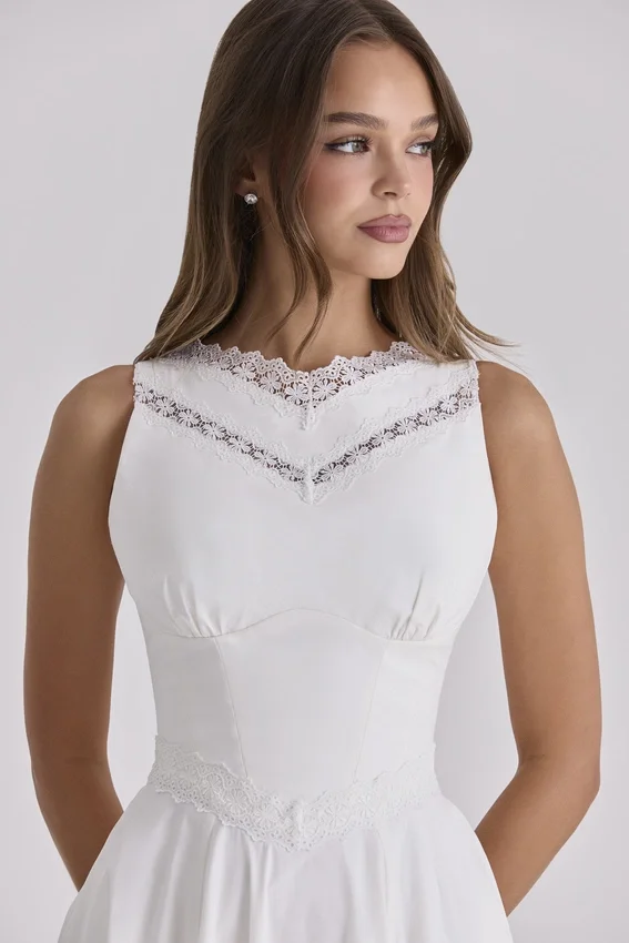 Scarlett White Cotton Lace Trim Waist Cinch Midi Dress Scarlett White Cotton Lace Trim Waist Cinch Midi Dress