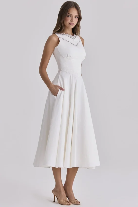Scarlett White Cotton Lace Trim Waist Cinch Midi Dress Scarlett White Cotton Lace Trim Waist Cinch Midi Dress