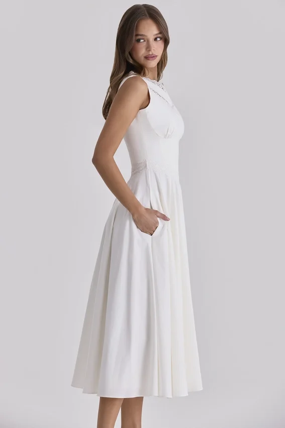 Scarlett White Cotton Lace Trim Waist Cinch Midi Dress Scarlett White Cotton Lace Trim Waist Cinch Midi Dress