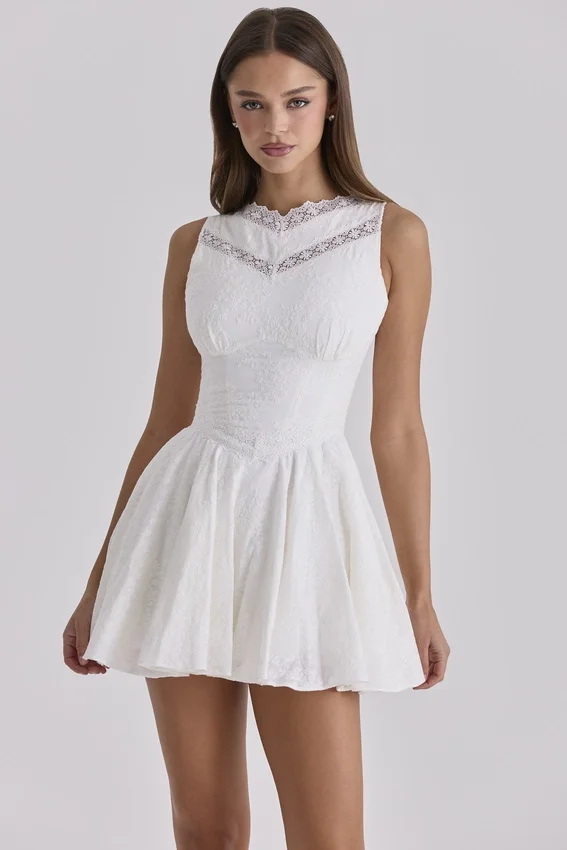 Scarlett White Embroidered Cotton Lace Trim Mini Dress Scarlett White Embroidered Cotton Lace Trim Mini Dress