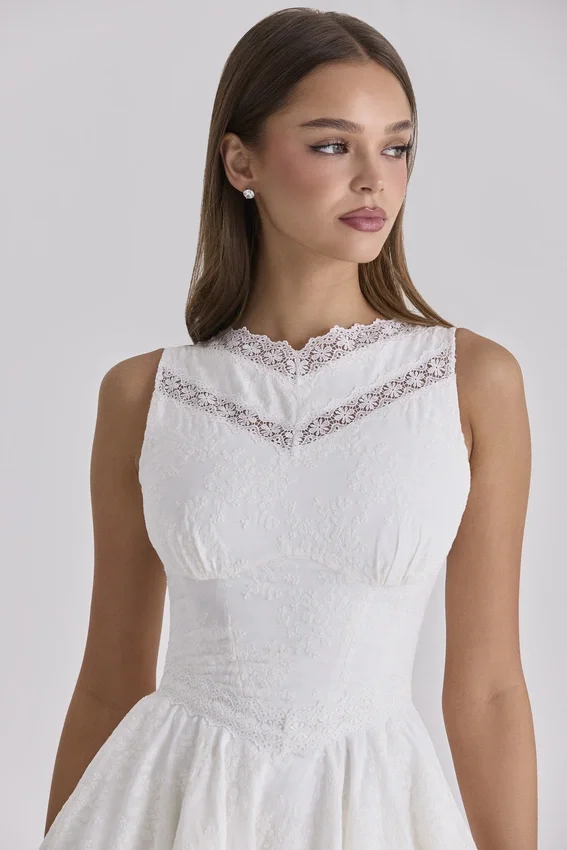 Scarlett White Embroidered Cotton Lace Trim Mini Dress Scarlett White Embroidered Cotton Lace Trim Mini Dress