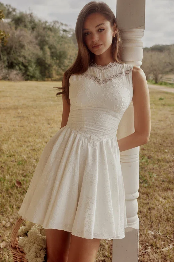 Scarlett White Embroidered Cotton Lace Trim Mini Dress Scarlett White Embroidered Cotton Lace Trim Mini Dress