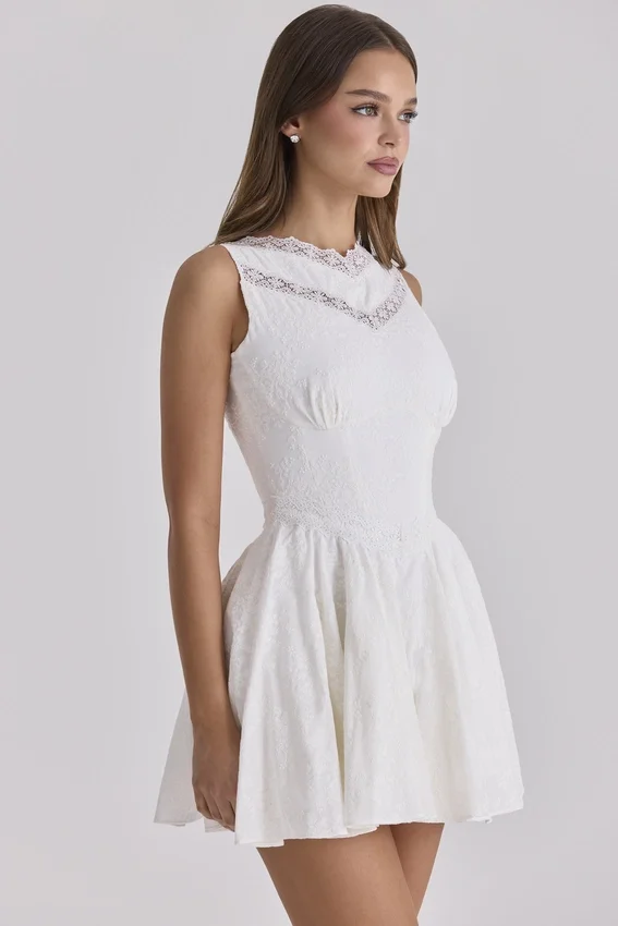 Scarlett White Embroidered Cotton Lace Trim Mini Dress Scarlett White Embroidered Cotton Lace Trim Mini Dress